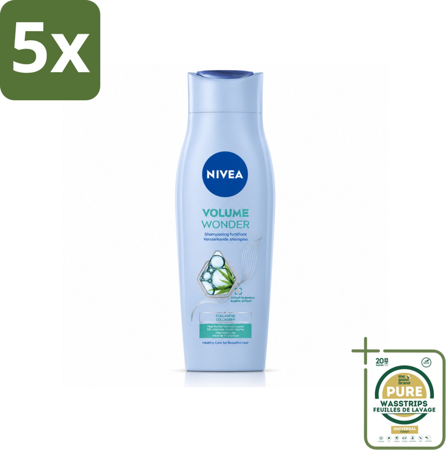 5 x NIVEA - Shampoo - Volumeverzorging - Versterkend - Gezonde Zorg - 250 ml - Wasstrips - Haar Volume - Volumeverzorging - Versterkend Haar - Fijn Haar - Futloos Haar