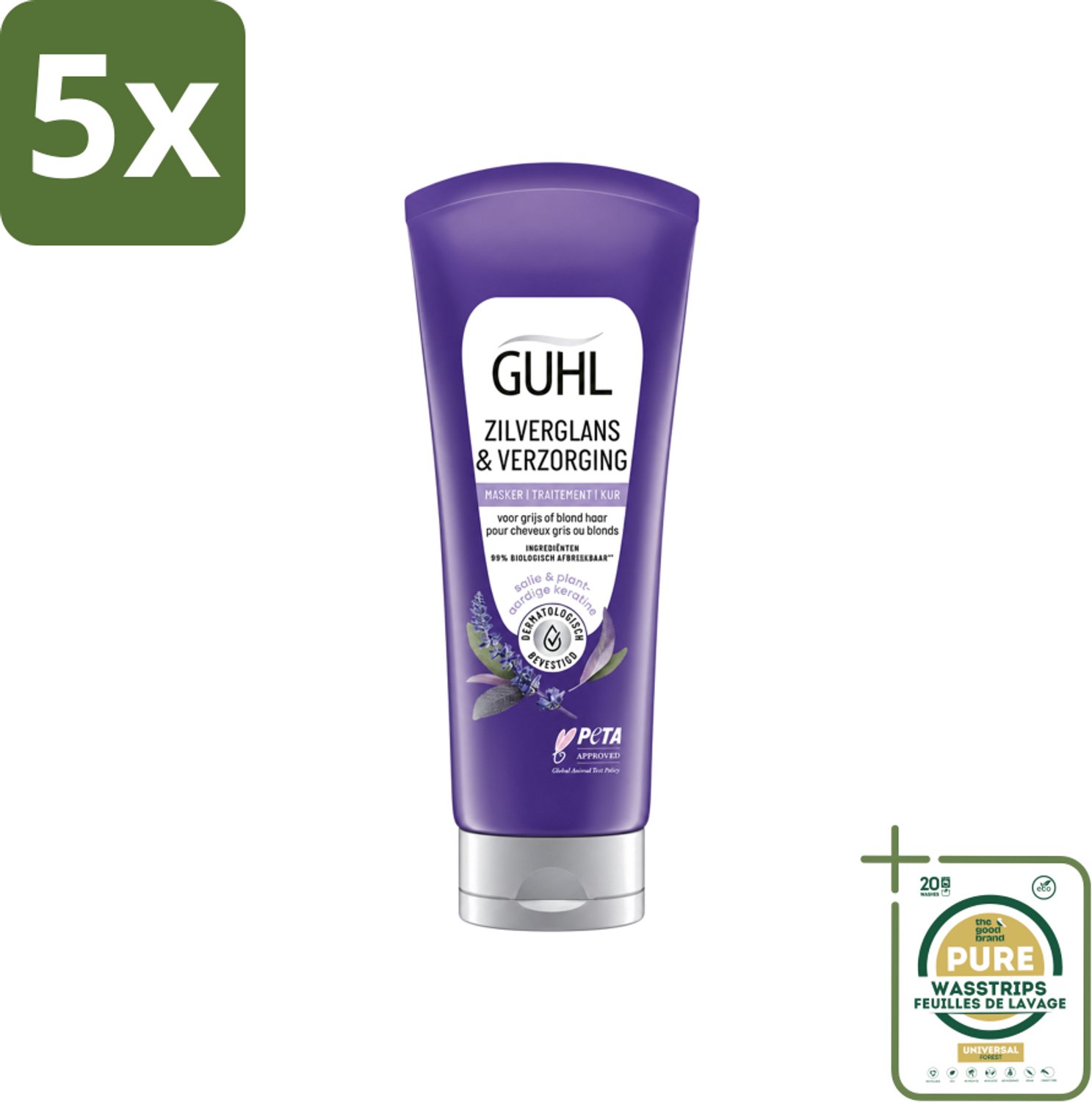 5 x Guhl - Haarmasker - Zilverglans & Verzorging Anti-Geel - 200 ml - Wasstrips - Haarmasker - Geelheid Neutraliseren - Blond Haar - Grijs Haar - Haar Verzorging
