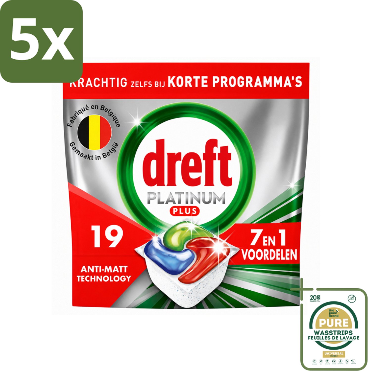 5 x Dreft - Vaatwastabletten - Platinum Plus All-in-One - Krachtige reiniging - 19 Tabletten - Wasstrips - Vaatwasmiddel - Glans Herstellen - Vaat Reinigen - Vaatwasmiddel Tablet - Vaatwasmiddel Korte Cyclus