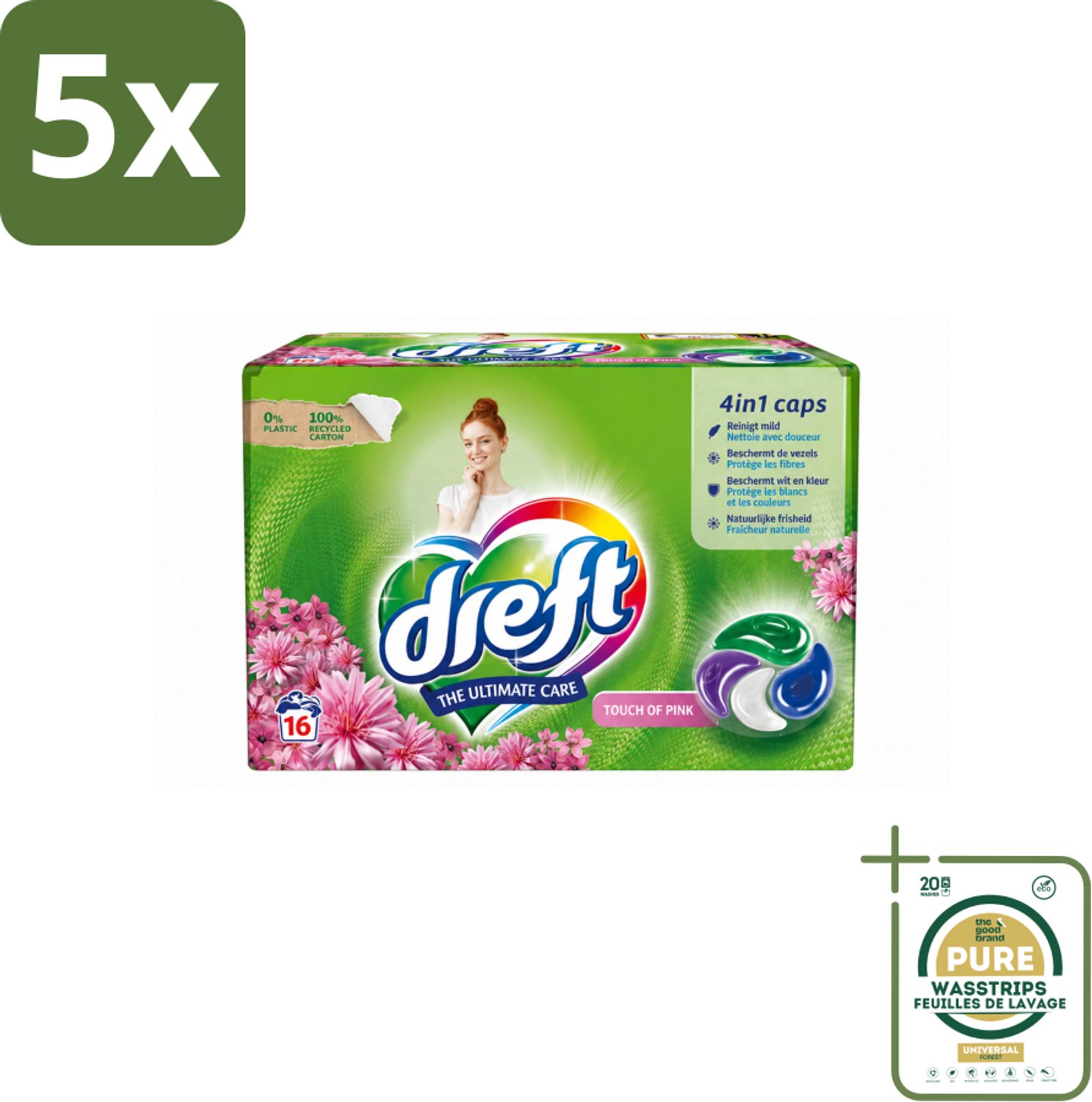 5 x Dreft - Wasmiddelcapsules - Touch of Pink - Geurige verzorging - 16 Wasbeurten - Wasstrips - Wasmiddelcapsules - Plasticvrije Wasmiddel - Duurzame Wasmiddel - Geurige Wasmiddel - Kleurbehoudende Wasmiddel