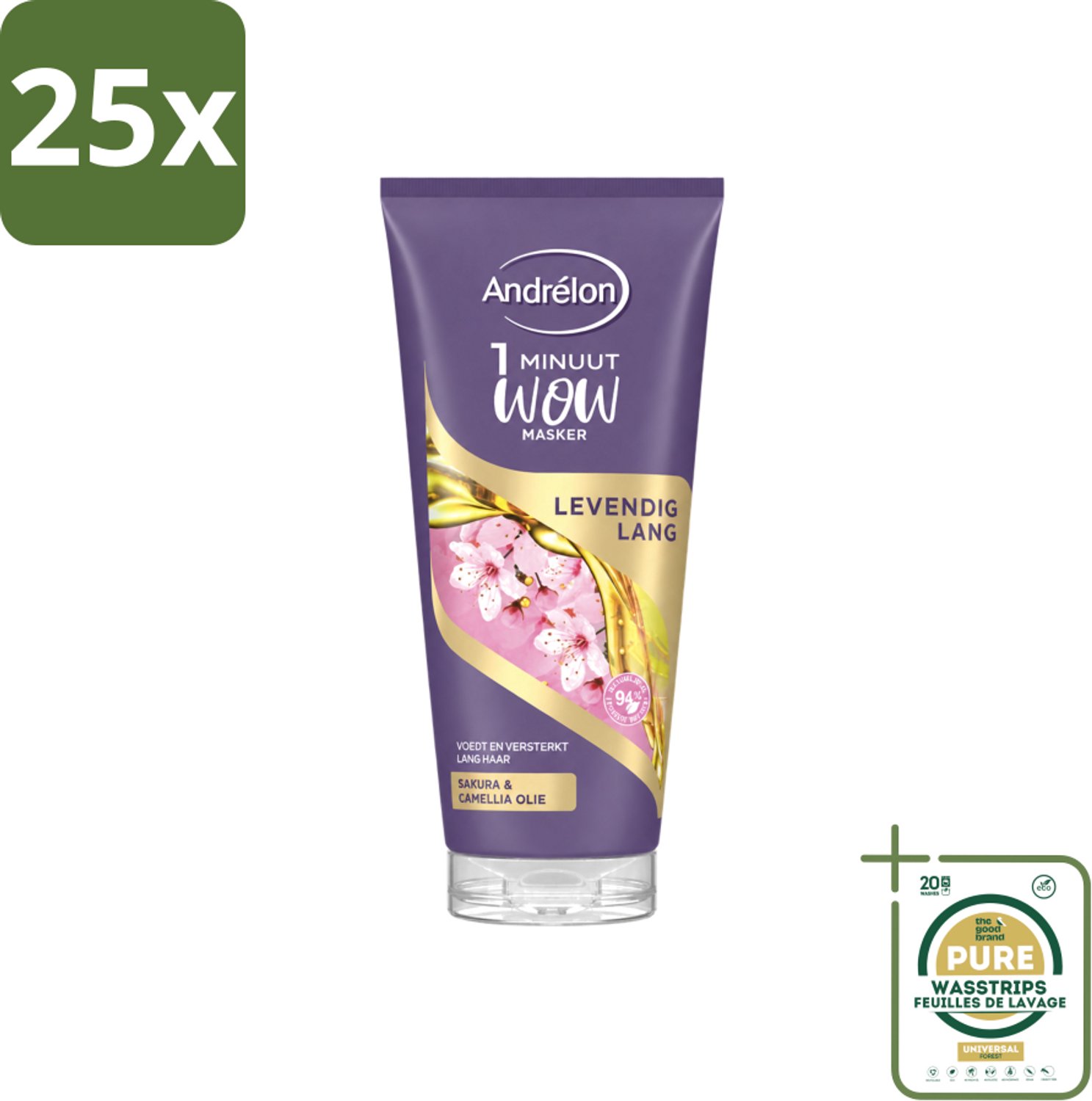 25 x Andrélon - WOW - Masker - Levendig Lang - 180 ml - Wasstrips - Haarmasker - Lang Haar - Intensieve Verzorging - 1 Minuut Masker - Sakra-olie