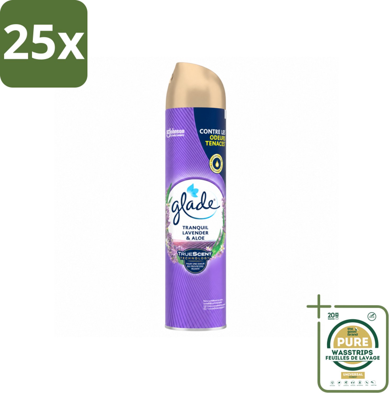 25 x Glade - Luchtverfrisser Spray - Tranquil Lavender & Aloë - 300 ml - Wasstrips - Luchtverfrisser - Lavendel Geur - Frisheid In Huis - Ontspanning - Geur Neutraliseren