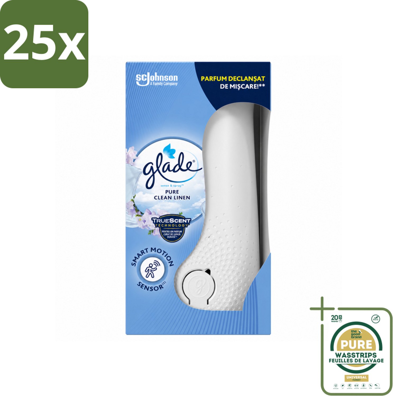 25 x Glade - Houder Sense & Spray - Pure Clean Linen - 18 ml - Wasstrips - Luchtverfrisser - Geurverspreiding - Geurhouder - Geurautomatisch - Geur In Badkamer