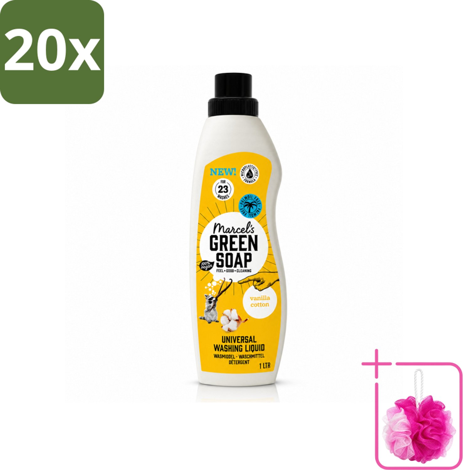 20 x Marcel's Green Soap - Vloeibaar Wasmiddel - Katoen & Vanille - Effectief & natuurlijk - 23 Wasbeurten - 1 Liter - Bulkverpakking - Wasmiddel - Douchemop - Natuurlijke zeep