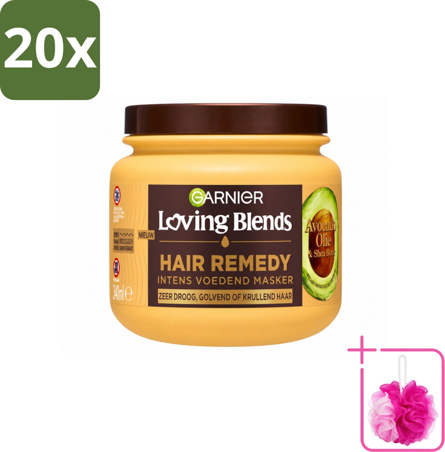 20 x Garnier - Loving Blends - Haarmasker - Avocado Olie & Shea Boter - Ultra Voedend - Golvend & Krullend Haar - 340 ml - Bulkverpakking - Haarmasker - Douchemop - Avocado olie