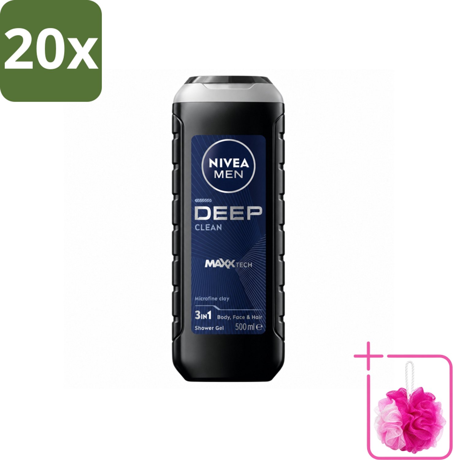 20 x NIVEA MEN - Douchegel - Deep Clean 3-in-1 - 500 ml - Bulkverpakking - Diepe reiniging - Douchemop - Microklei