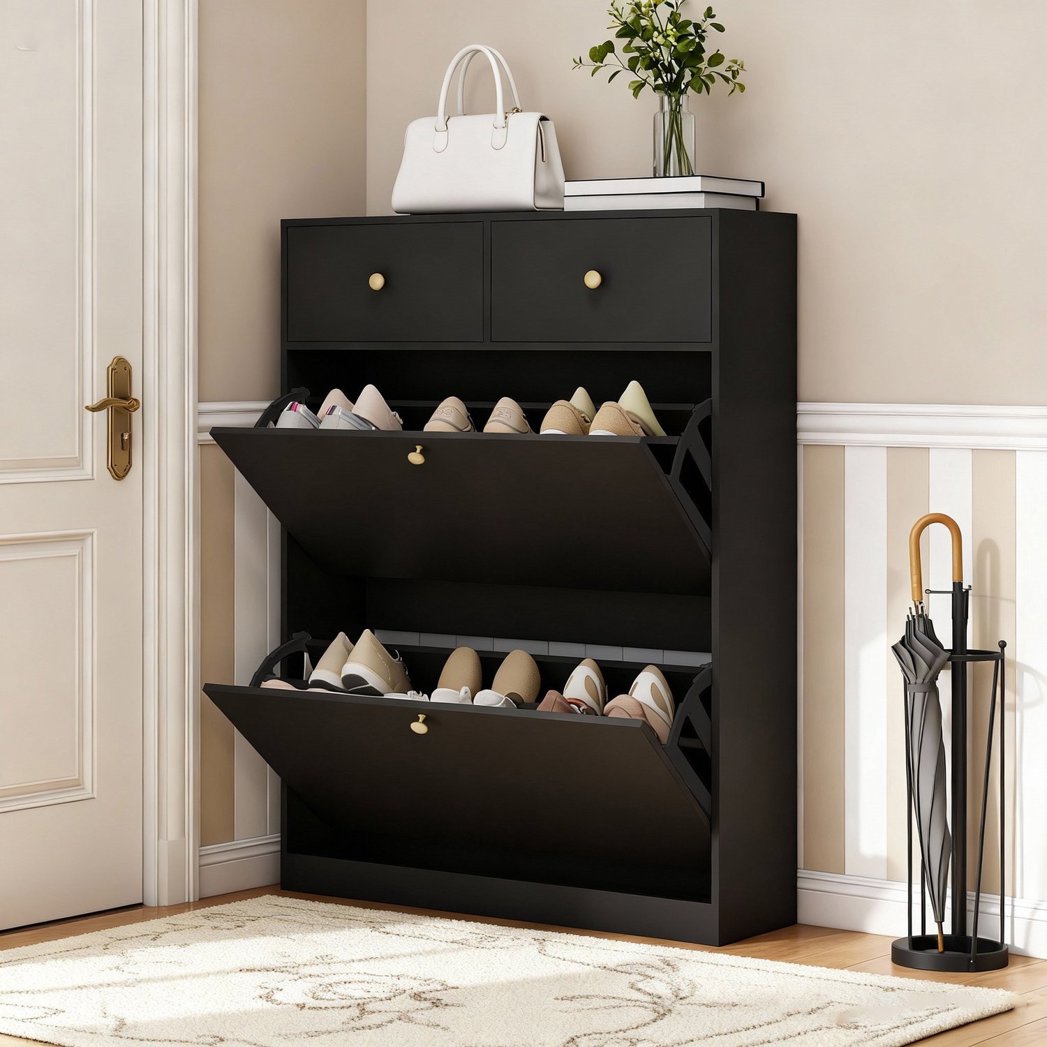 Puluomis Schoenenkast - 2 Niveaus - 2 lades - Met Klepdeur - 80 x 24 x 106 cm - Zwart