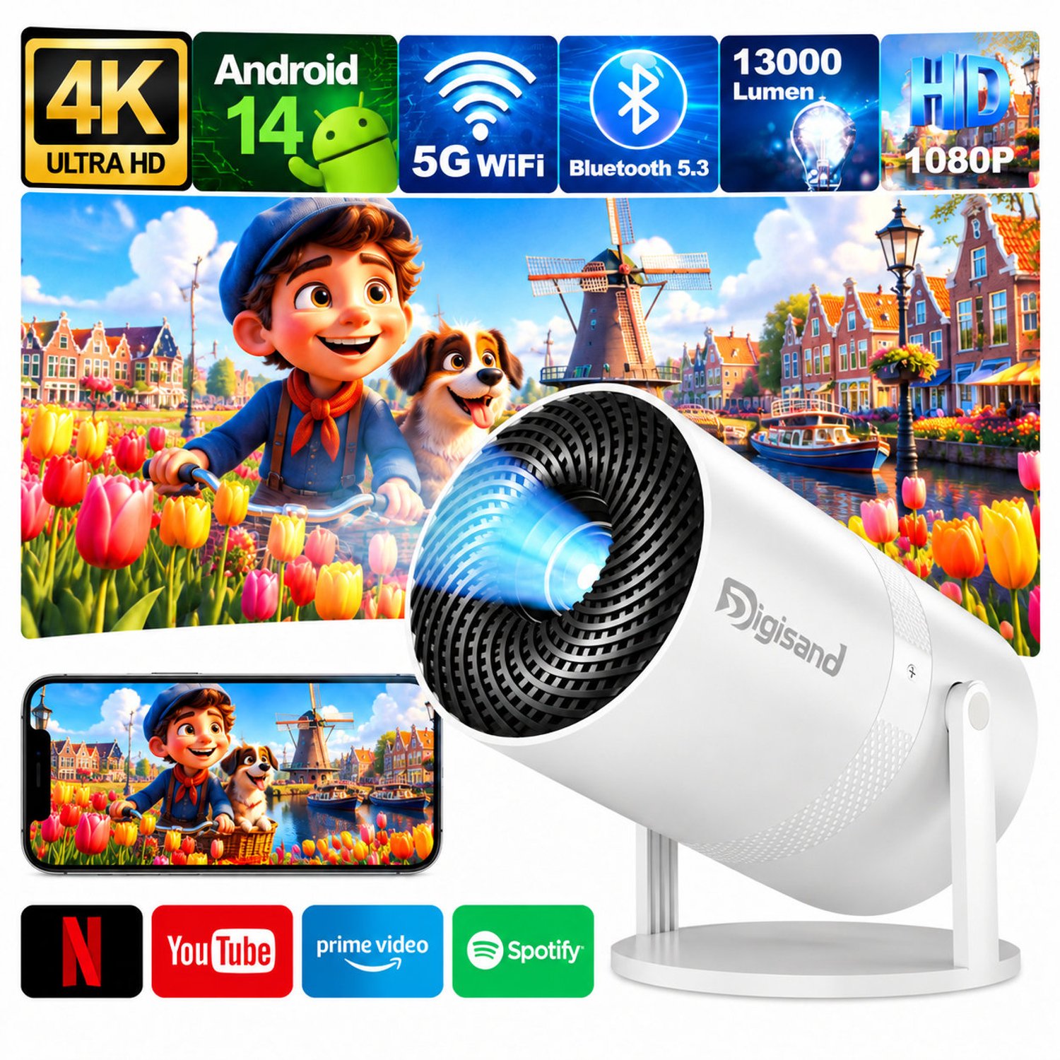 Digisand® X3 Beamer Mini Smart Projector –4K Draagbare Beamers- -Native Full HD - 350 ANSI 13000 Lumen Home Cinema- Laserprojector Thuisbioscoop- Auto Keystone- iOS&Android 14-WiFi & Bluetooth