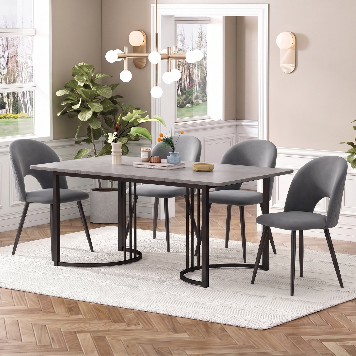 intebiki eetkamerset set van 5 - 140x80cm eettafel met 4 stoelen - Grijs MDF - zwarte metalen poten - 47x44x84 Grijs fluwelen eetkamerstoel