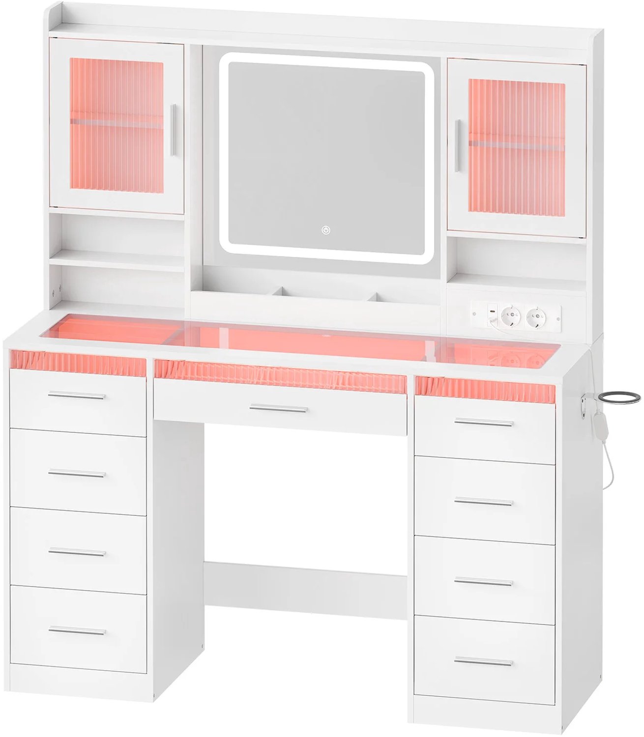 Kaptafel Met Spiegel En Verlichting - Make-uptafel Met Lades En Open Vakken - Witte Kaptafel Met Gehard Glazen Tafelblad Voor Slaapkamer