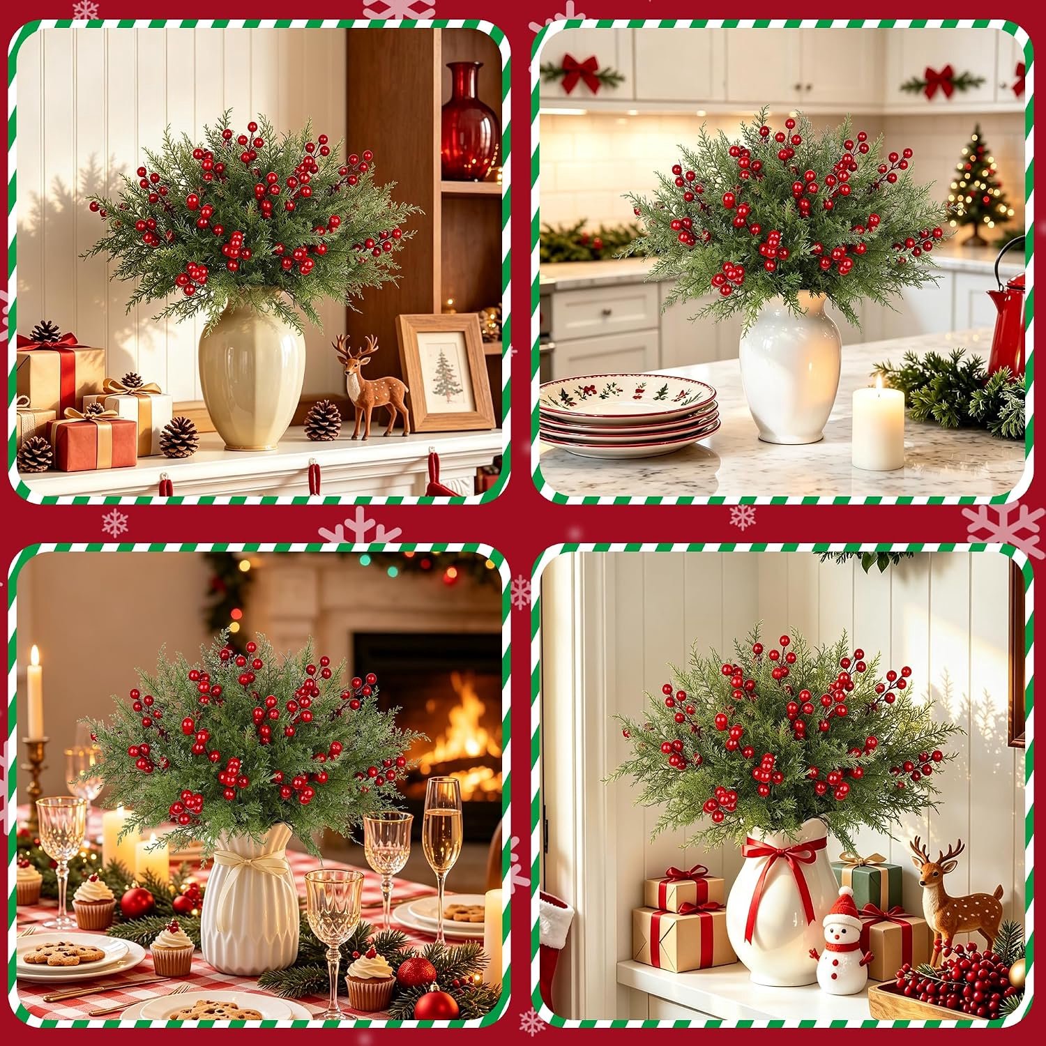 Kunst Kersttakken met Rode Bessen - 6 Stuks Groene Dennentakken met Flexibele Stelen - Voor Kerstboom, Kerstkrans, Schoorsteenmantel en Tafeldecoratie – foto 6
