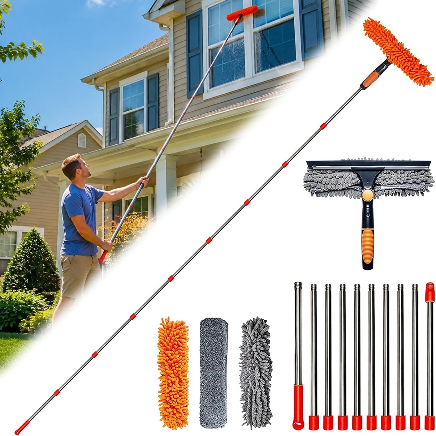 Dakgootreiniger–Tien secties Telescoopsteel 2-in-1 Drie reservedoeken