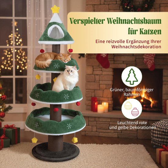 Kerstboom-krabpaal met rode en gele decoraties en twee katten.