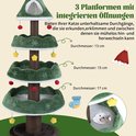 Drie platforms met openingen voor katten en een detail van een kitten in een hol.