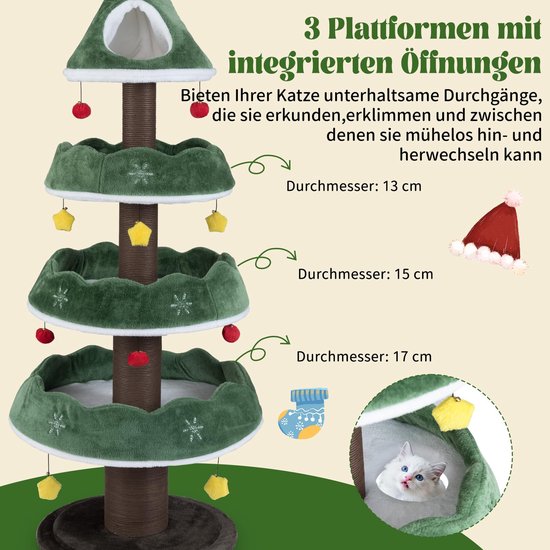 Drie platforms met openingen voor katten en een detail van een kitten in een hol.