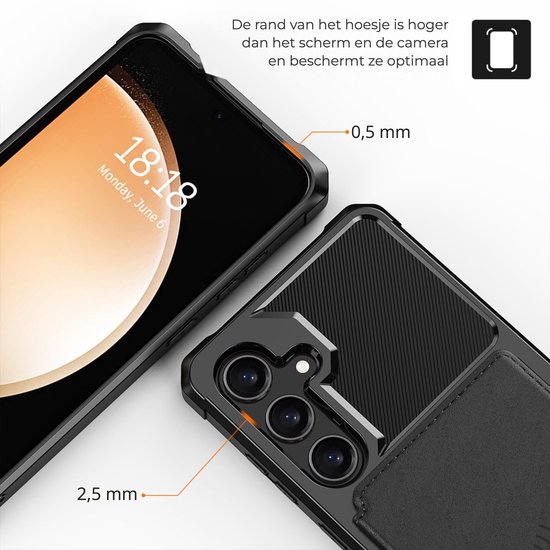 Zwarte shockproof case voor Samsung met verhoogde randen van 0,5 mm en camerabescherming van 2,5 mm.