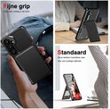 Zwarte hoes met zachte leren grip, te gebruiken als standaard voor handsfree kijken.