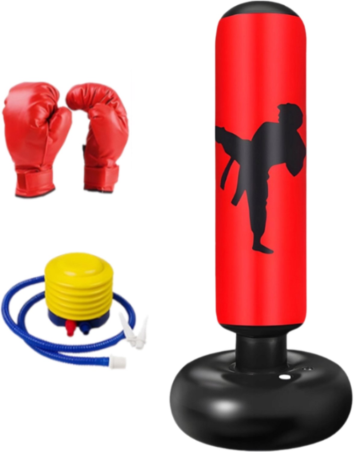 Boksbal – Bokszak – Boksbal voor kinderen – Opblaasbare boksbal – Verdikte zelfstabiliserende kubus – Opblaasbare stootkolom – Inclusief bokshandschoenen en luchtpomp – 1,6 m – PVC-materiaal – Cadeau voor kinderen – Rood