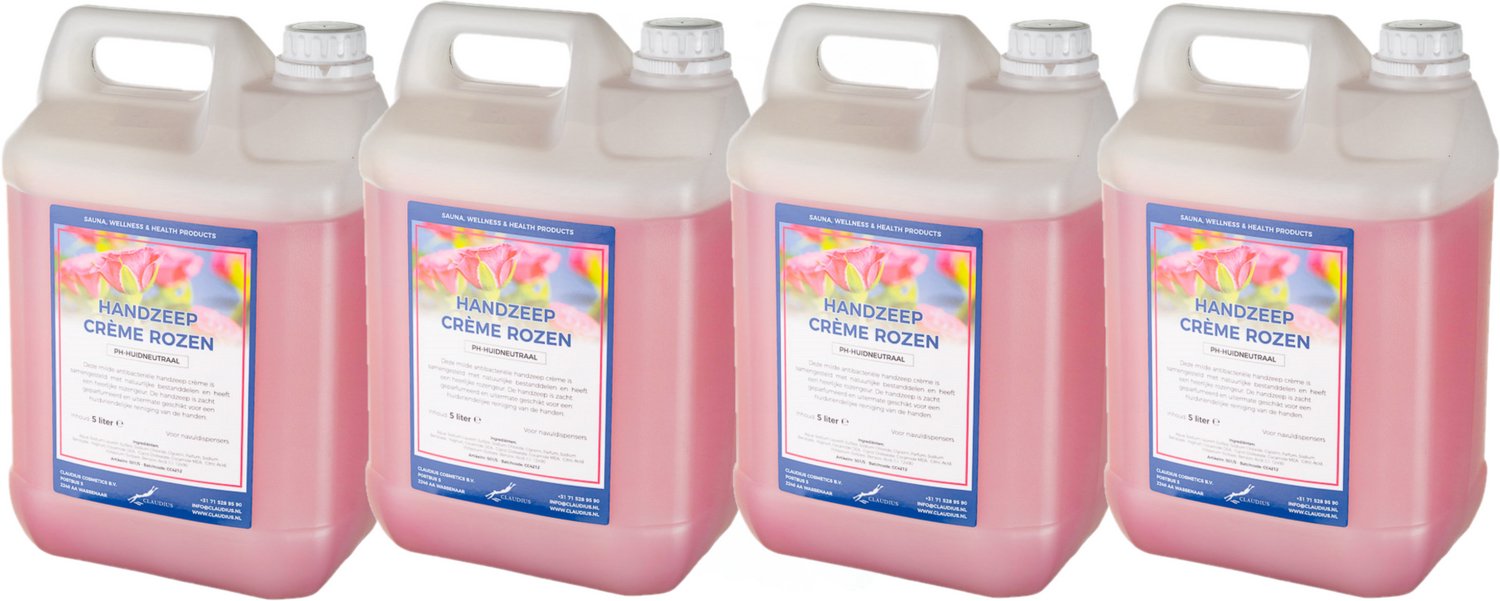 Claudius Handzeep Crème Rozen 5 liter - set van 4 stuks - voordeelverpakking - navulling
