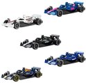 Set van vijf Hot Wheels F1-speelgoedauto's in verschillende kleuren en kleurstellingen.