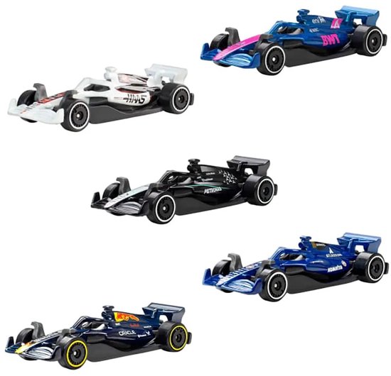 Set van vijf Hot Wheels F1-speelgoedauto's in verschillende kleuren en kleurstellingen.