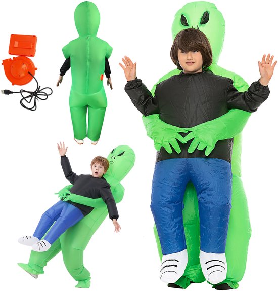 Opblaasbaar Alien-kostuum voor kinderen met ingebouwde ventilator; toont een alien die een kind optilt.