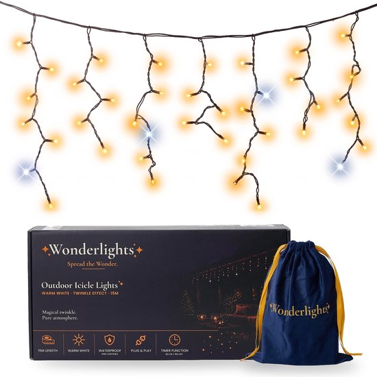 Wonderlights Twinkle IJspegel Verlichting Buiten 15 m - Kerstverlichting Warm Wit - Timer - IP65 - Koppelbaar tot 100 m