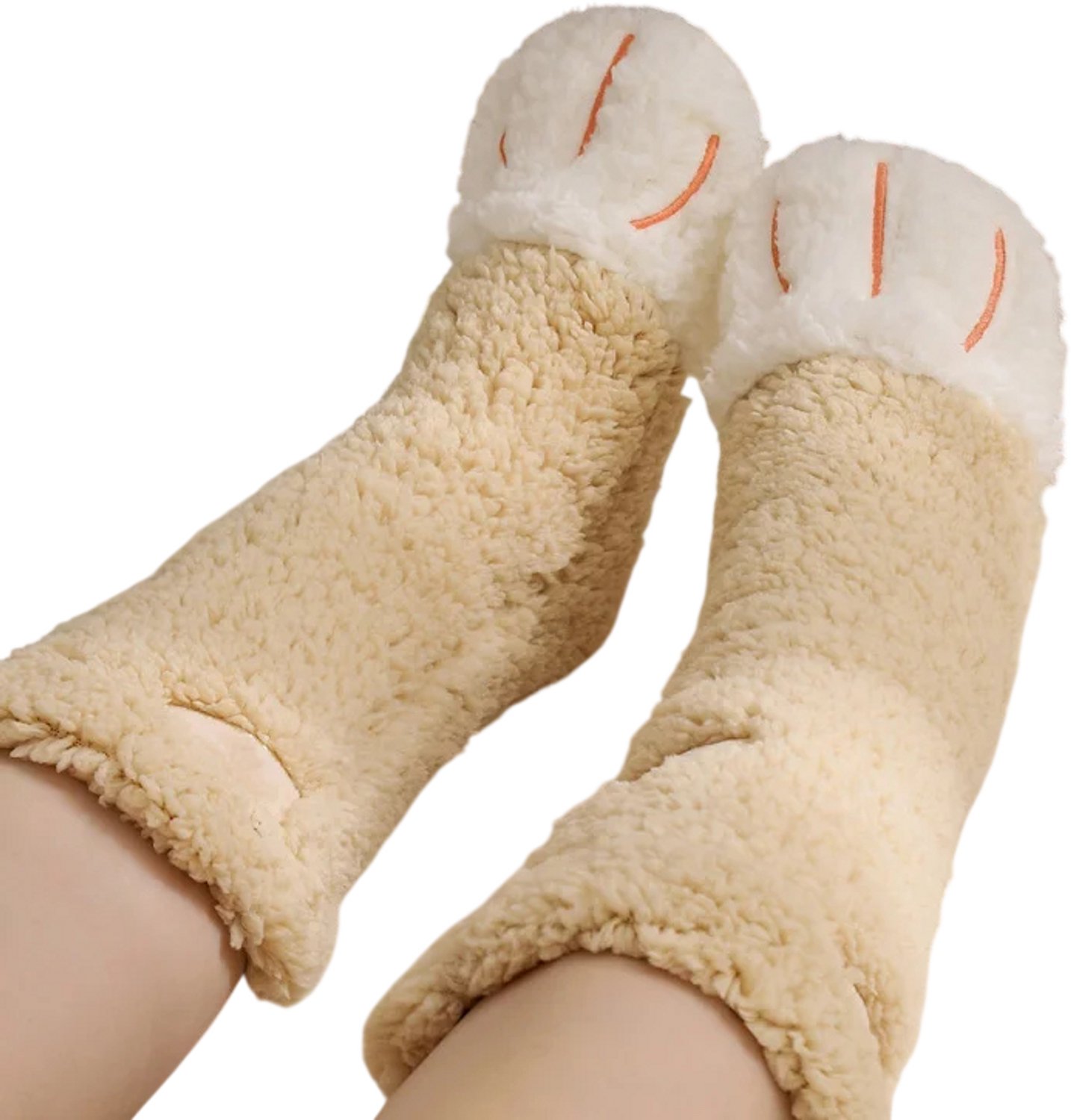 Warme Kattensokken Dames – Dikke Fleece Wintersokken met Kattenpootjes Kawaii Slaapsokken Grappige Lange Sokken en Cosplay Sokken Beige