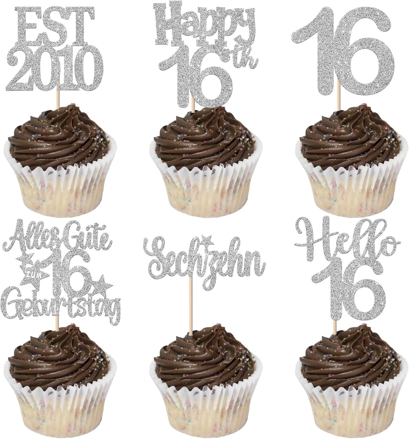 24 Stuks 16e verjaardag taartdecoratie glitter