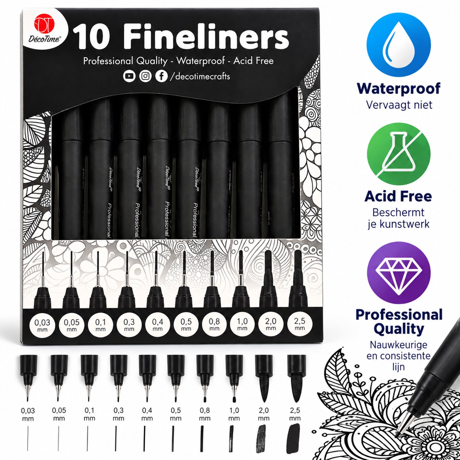 DécoTime fineliners 10 stuks - Professionele kwaliteit - Waterproof - 10 verschillende puntdiktes, van 0,03 mm tot 2,5 mm