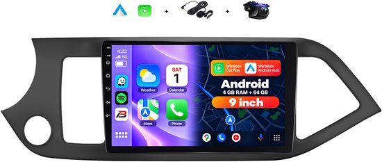 9-inch Android autoradio voor Kia Picanto met touchscreen, draadloze CarPlay, Android Auto, gps en achteruitrijcamera.