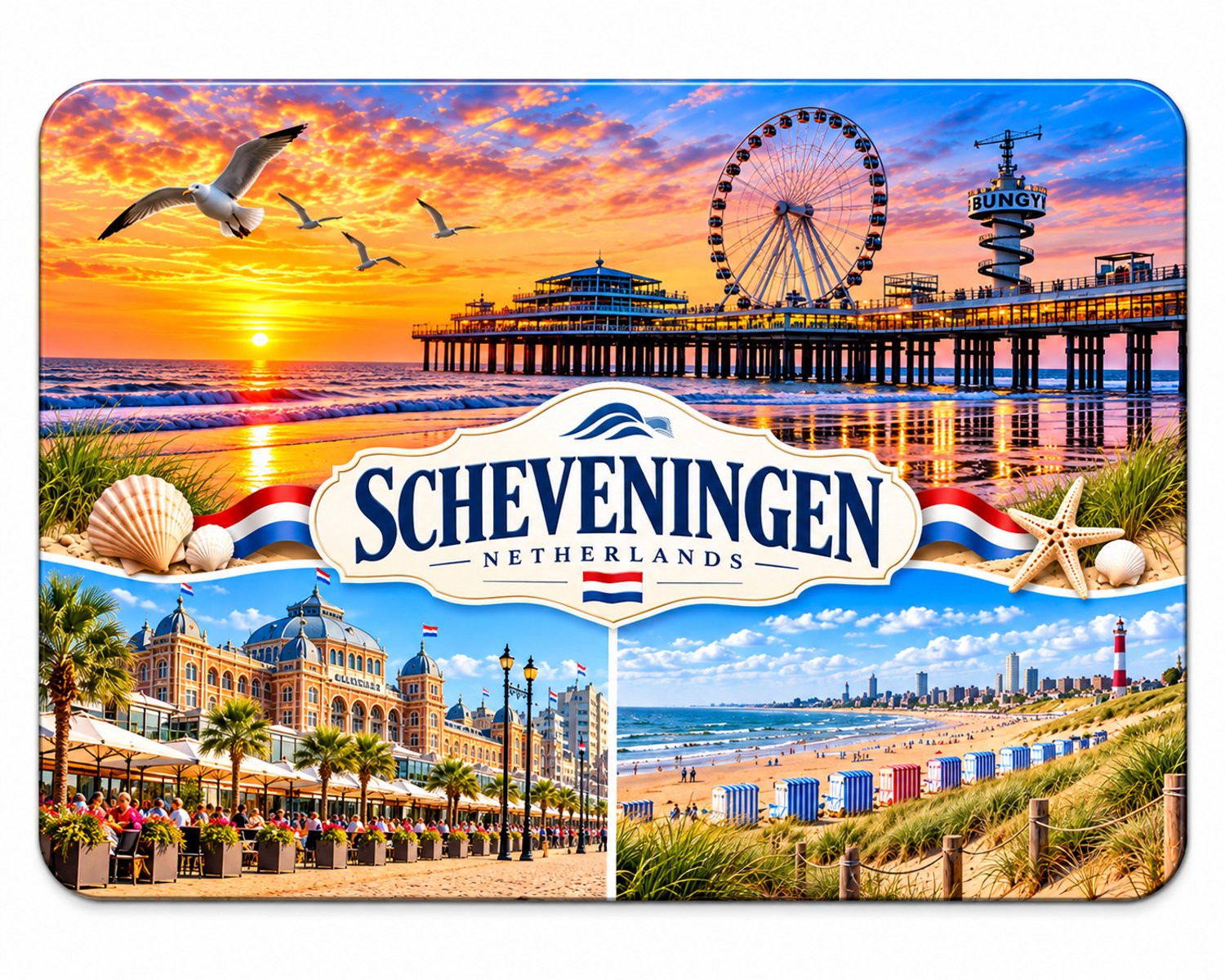 Koelkastmagneet MDF Scheveningen – Strand, pier en reuzenrad – Souvenir – 9 x 7 cm