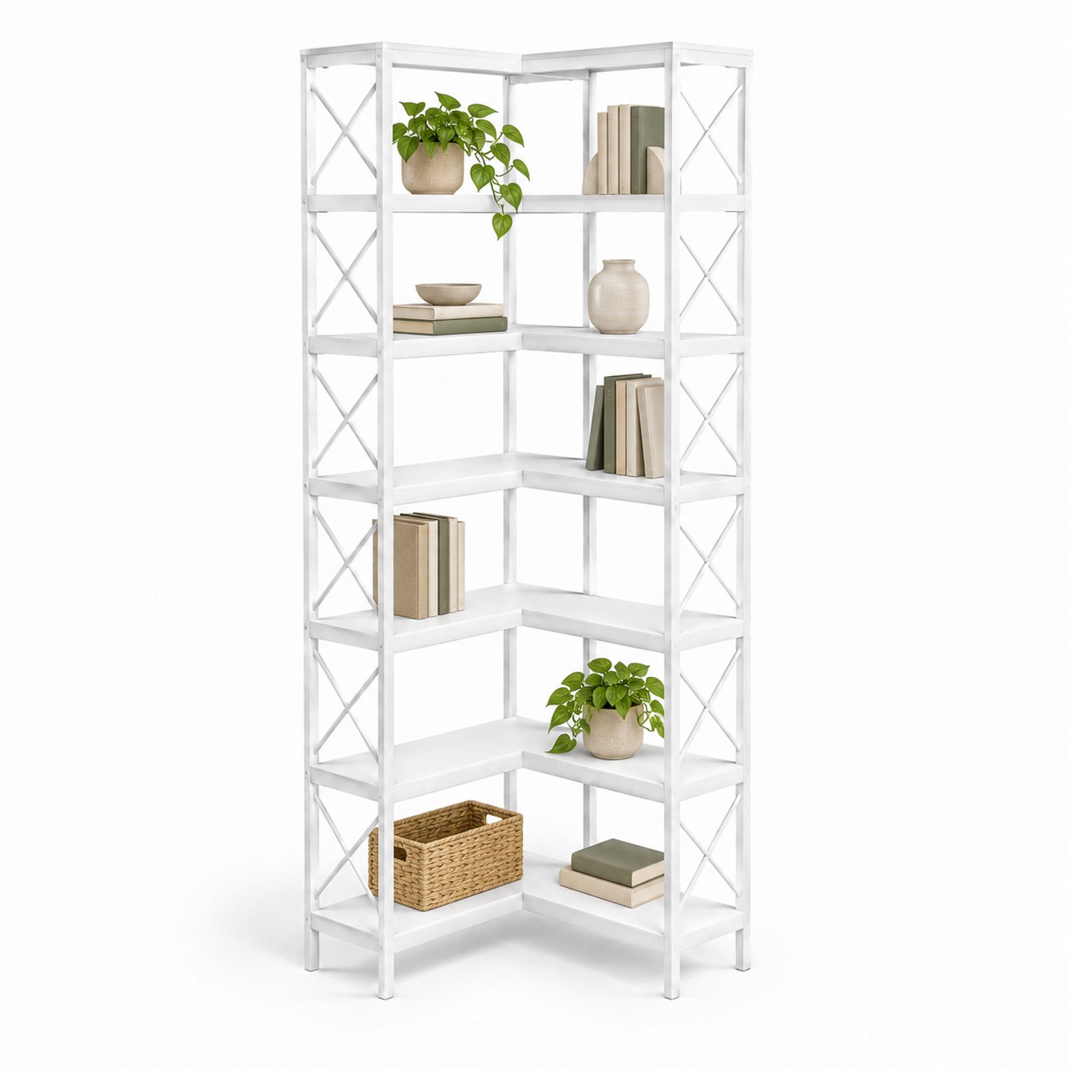DMG Supply Hoekboekenkast L-vormig - 7 Lagen - 60 x 60 x 200 cm - Wit - Spaanplaat en Metaal