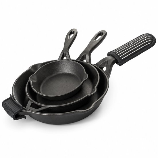 Rednas Gietijzeren Pannenset - 3-Delig Koekenpannen Set - Koekenpan geschikt voor Inductie, Gas, BBQ en Oven - Skillet Maten Ø16cm Ø22cm en Ø28cm