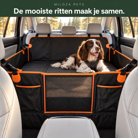 Miloza Pets Hondendeken Auto – Achterbankverlenger met Harde Bodem – Gaasvenster en Opbergvakken – Inclusief Draagtas en Hondenautoriem – Zwart/Oranje — afbeelding 3