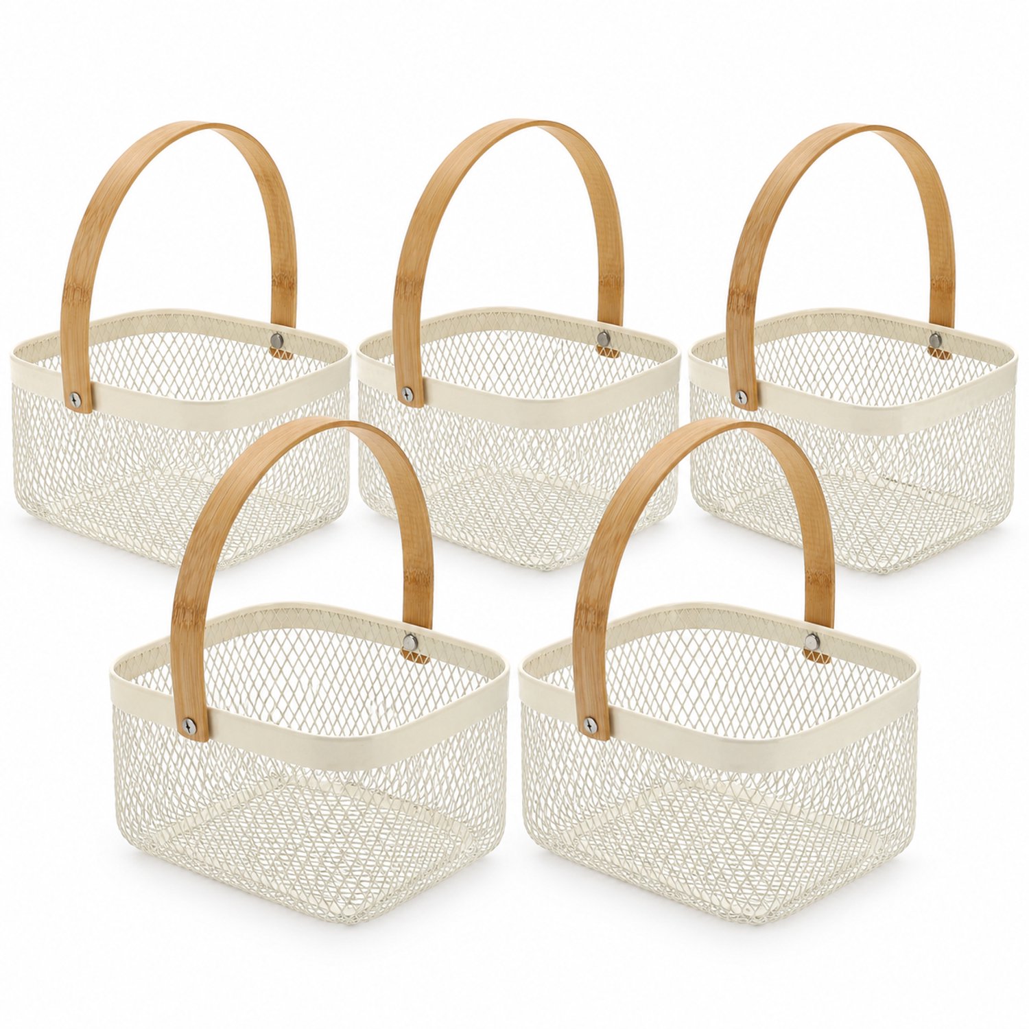 Opbergmanden Set van 5 - ca. 4L per Mand - Metalen Draadmanden met Bamboe Handvat - Fruitmand, Cadeaumand en Organizer voor Keuken, Badkamer, Woonkamer en Kantoor