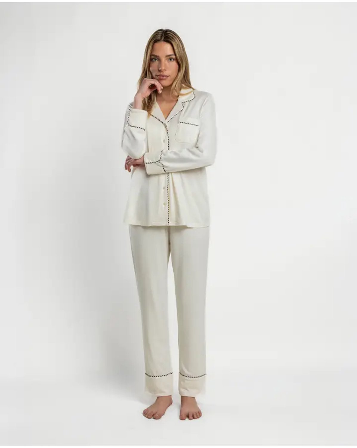 Admas Pearl Dames Pyjama Open Lange Mouw - Cava Beige