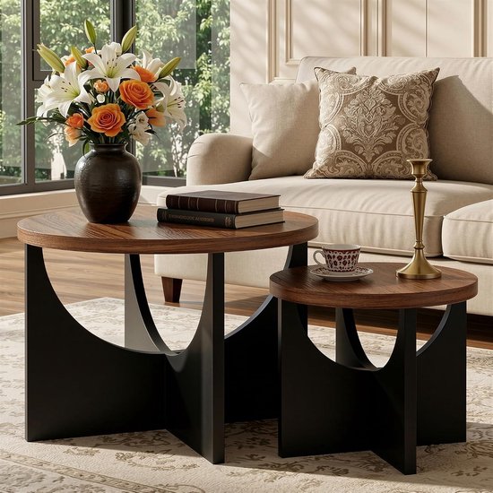 Salontafel Set van 2 – Ronde Nesting Tafels – Inschuifbare Bijzettafels – Walnootlook en Zwart – MDF – 60 x 45 cm en 40 x 35 cm – Modern Design