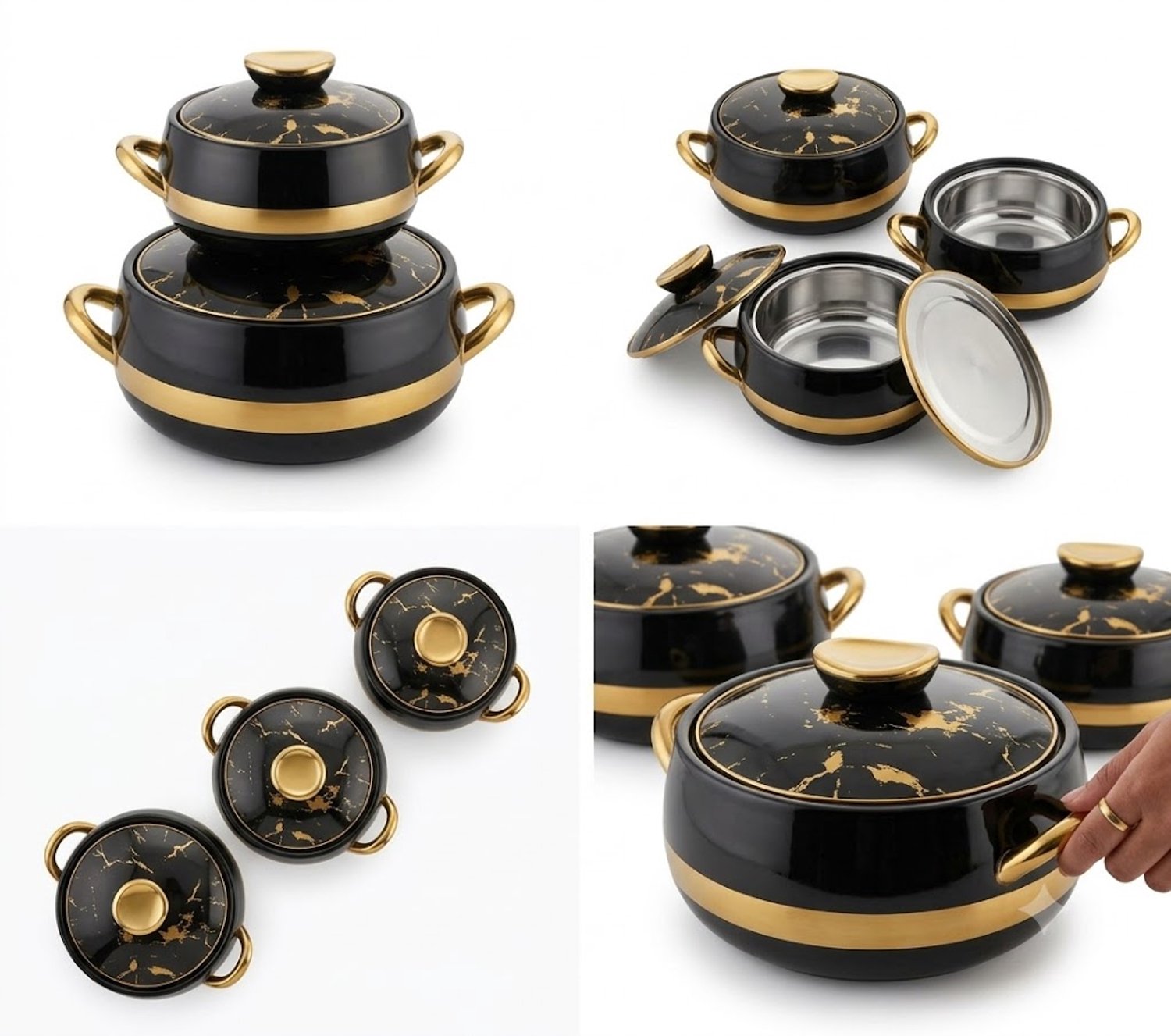 Kajal Kitchen Luxe Thermoschalen Set van 3 - Geïsoleerde RVS Warmhoudschalen met Deksel - Geïsoleerde Voedselcontainers - 1000ml, 1500ml, 2000ml - Zwart Goud Met