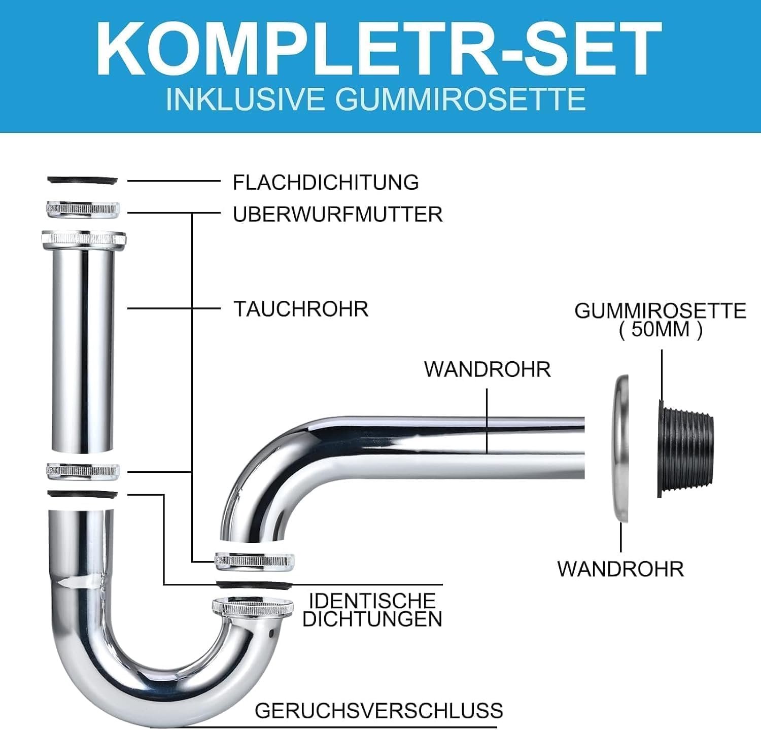 Sifon wastafel - universele set - eenvoudige reiniging - geschikt voor alle wastafels - Vemera