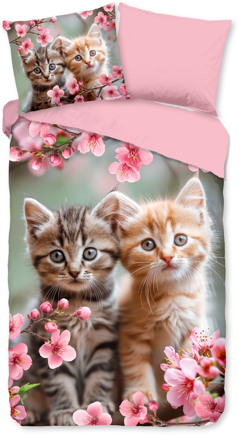 Good Morning dekbedovertrek poesjes met roze bloemen - Roze - 100% Katoen renforce Pink