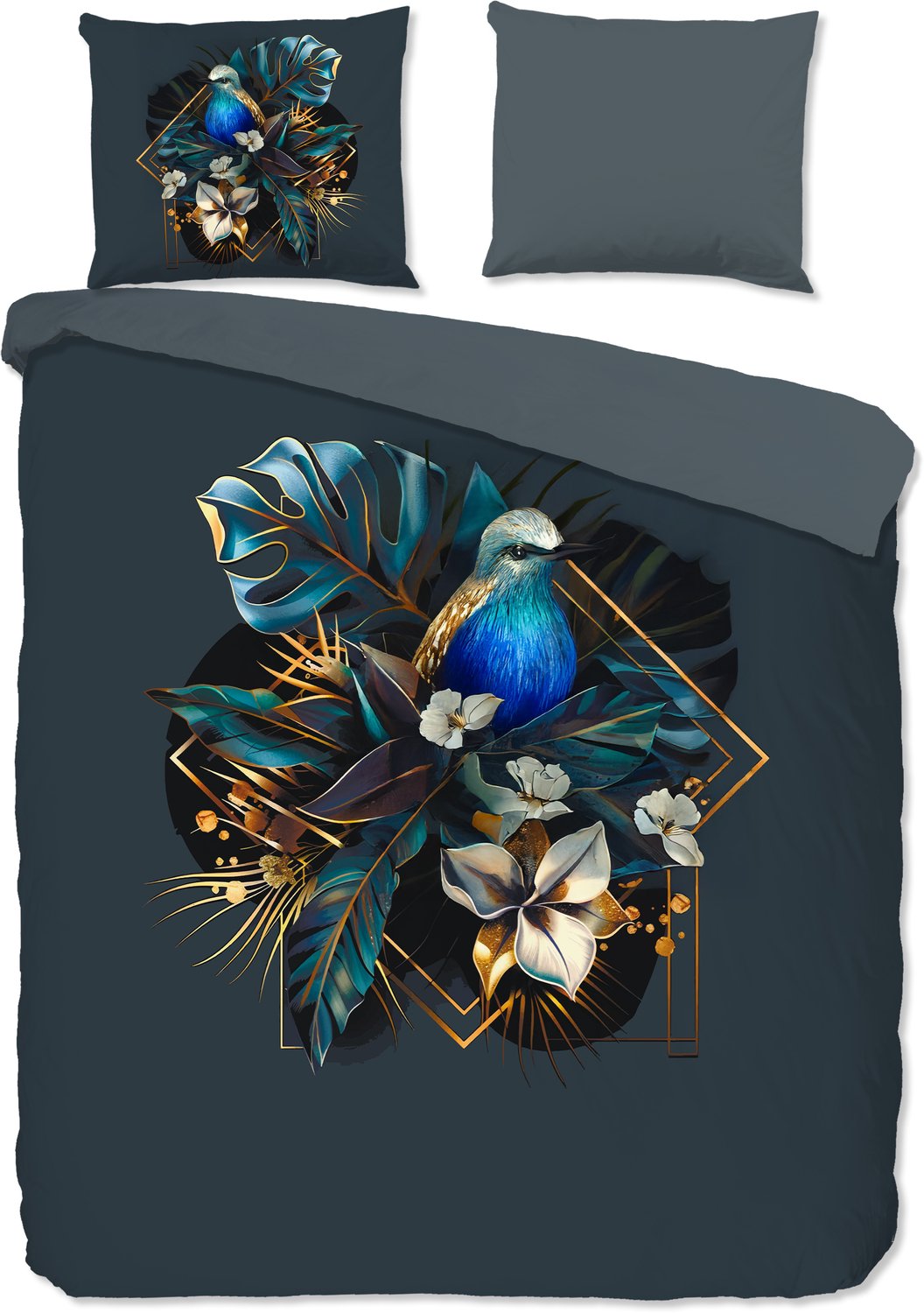 Pure dekbedovertrek bladen en een vogel omlijst in goud - 2 persoons 200x200/220 cm - Donkerblauw - Microvezel Dark Blue