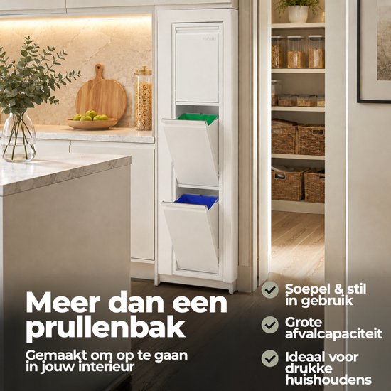 Slanke witte prullenbak met twee vakken in een moderne keuken, ideaal voor drukke huishoudens.