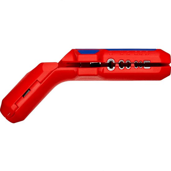 Rood Knipex Ergostrip ontmantelingsgereedschap in gesloten positie met blauwe accenten.