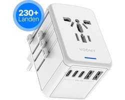 Voomy Universele Wereldstekker - 230+ landen - 3 USB-C & 2 USB-A Poorten - Reisstekker Wereld: Amerika (USA), Engeland (UK), Australië, Zuid Amerika, Afrika, Italië, Thailand - Wit