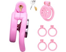 Chastity Cage met katheter en urineschaal, 4 ringen, platte penishoes met verborgen slot.