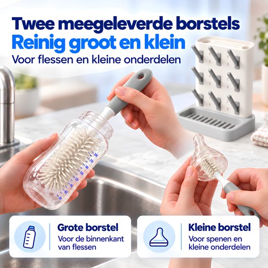 Kluvaro Flessen droogrek - Droogrek voor Babyflessen en Flesvoeding Accessoires - 2 Flessenborstels - Afdruiprek - Grijs — afbeelding 4