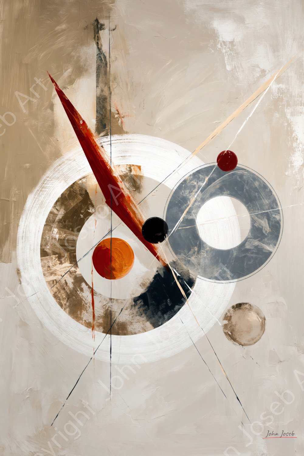 John Joseb Art (Aluminium) 80x120 | Abstract, cirkels, Kandinsky stijl, Japandi, non figuratief, kunst, wit, grijs, bruin, beige, blauw, rood, modern | foto-schilderij op dibond, metaal wanddecoratie Aluminium, dikte 3 mm