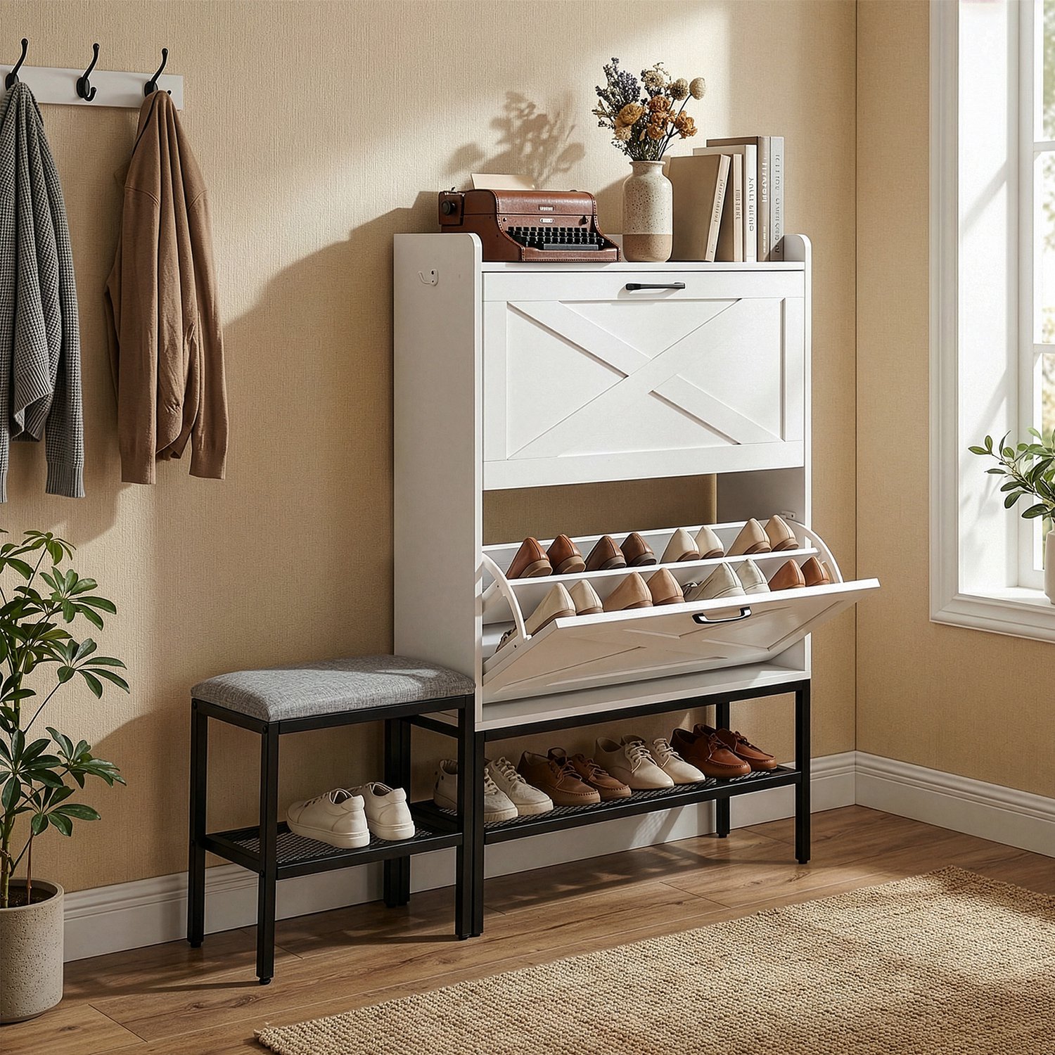 LEADZM Schoenenkast met 2 deuren - Wit - 120 x 24 x 120 cm - met zitbank, met haken