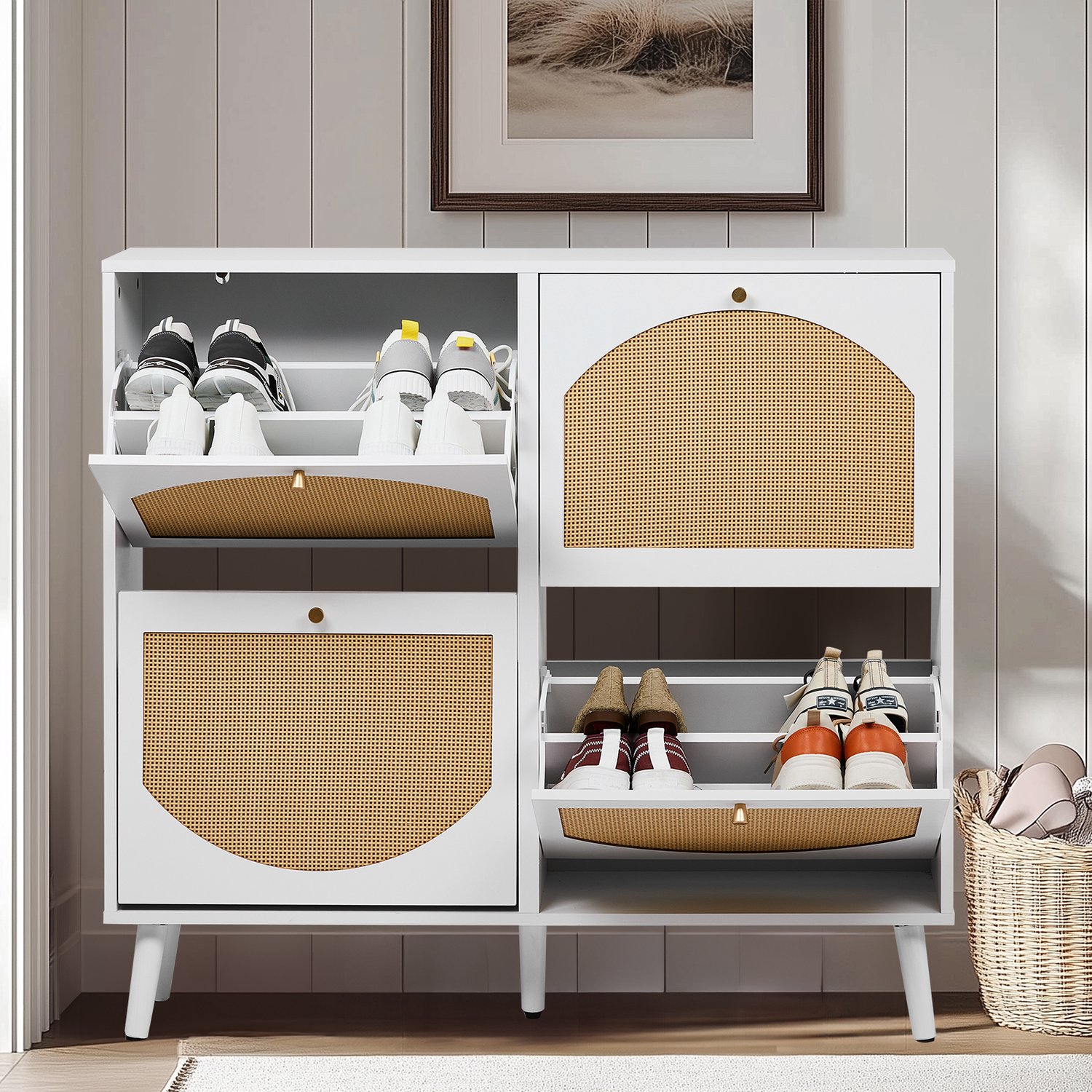 LEADZM Schoenenkast met 4 deuren - Wit - 105 x 24 x 98 cm - rotan, hoge poten